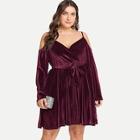 Romwe Plus Tie Waist Open-shoulder Velvet Dress