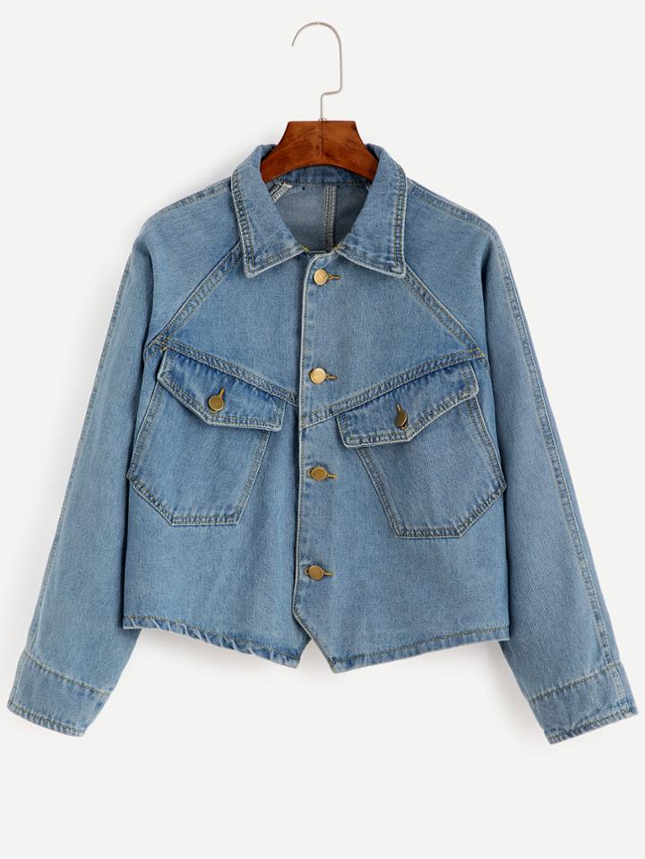 Romwe Blue Raglan Sleeve Dual Pockets Denim Jacket