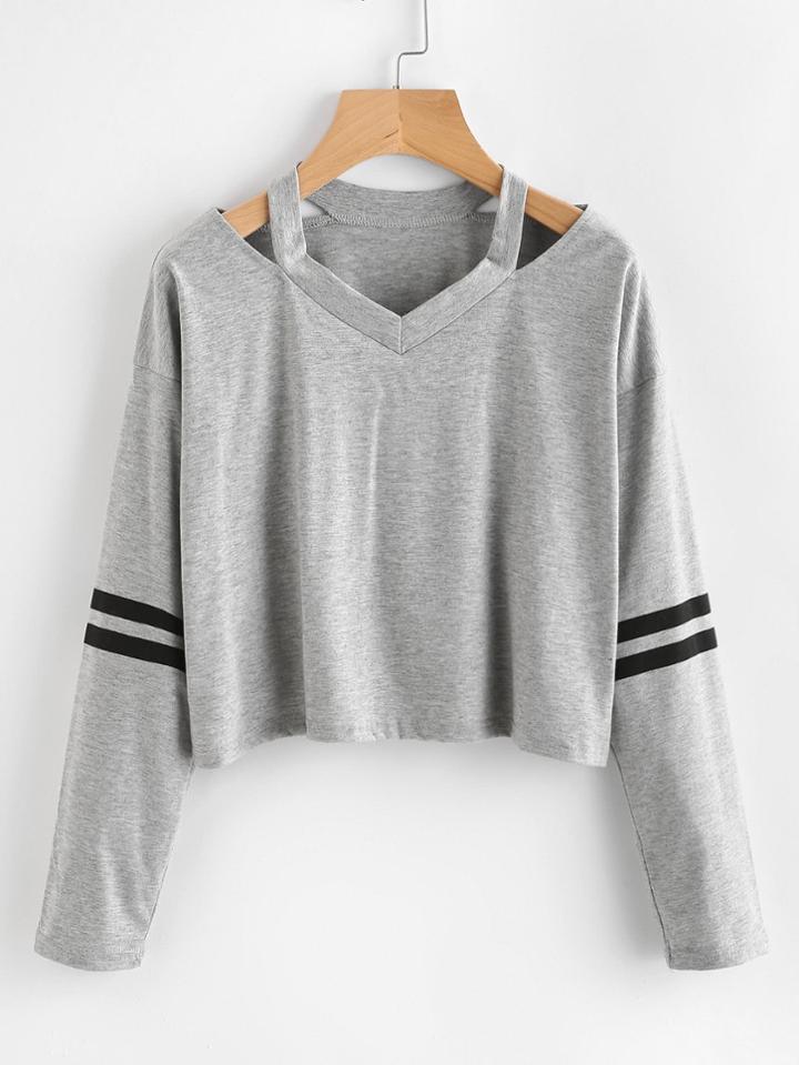 Romwe Cut Out Neck Stripe Sleeve Tee