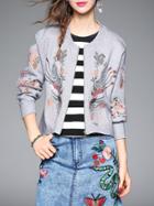 Romwe Grey Leaves Embroidered Zipper Knit Coat