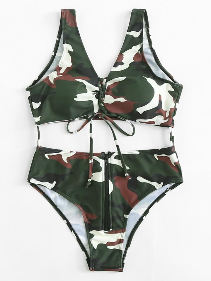 Romwe Lace Up Zip Fly Connected Two Piece Swimsuit