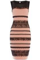Romwe Sleeveless Lace Striped Bodycon Pink Dress