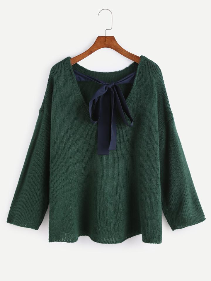 Romwe Dark Green Dropped Shoulder Seam Tie Back Sweater