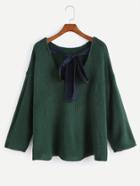 Romwe Dark Green Dropped Shoulder Seam Tie Back Sweater