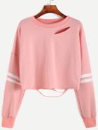 Romwe Pink Varsity Striped Drop Shoulder Cut Out Crop Sweatshirt