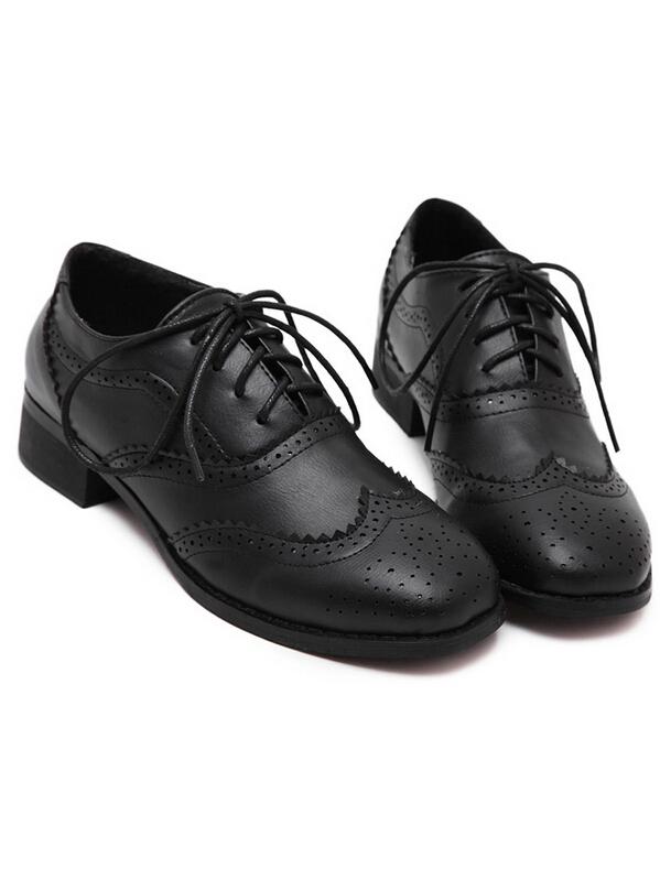 Romwe Black Round Toe Lace Up Pu Flats