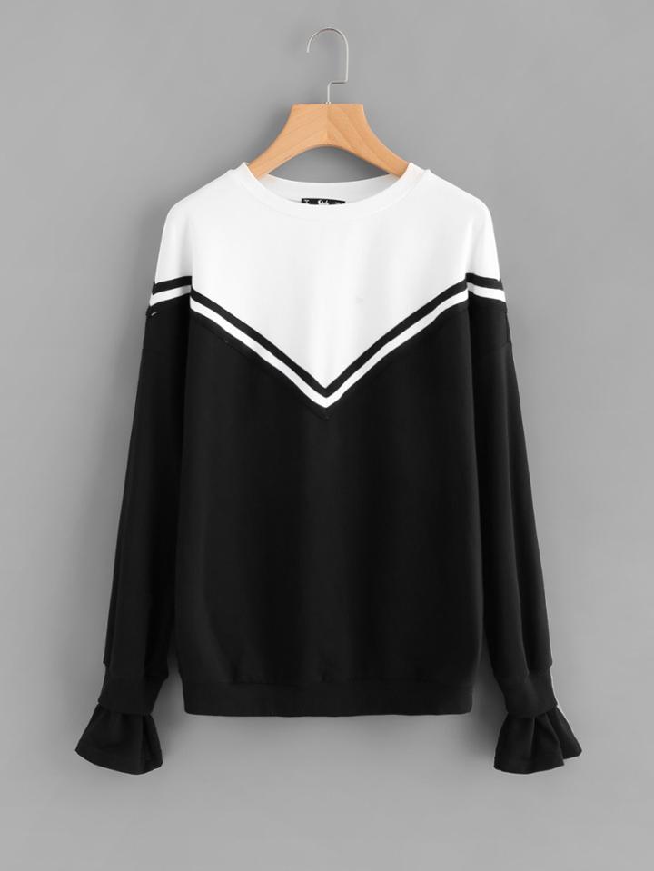 Romwe Striped Woven Tape Applique Two Tone Pullover