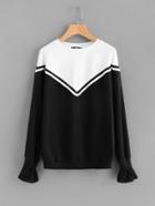 Romwe Striped Woven Tape Applique Two Tone Pullover