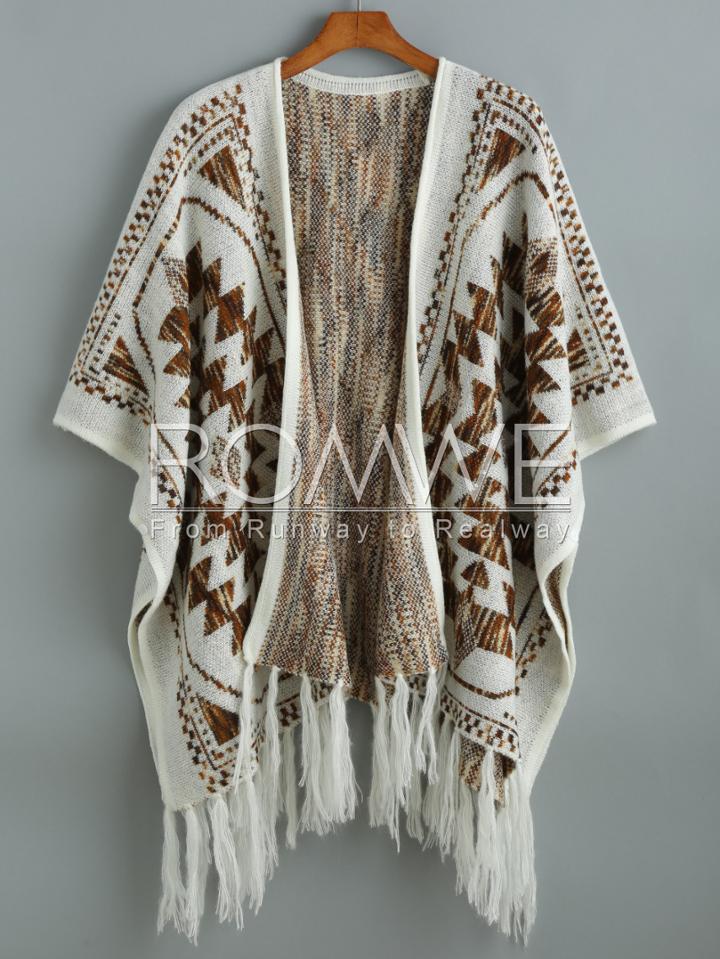 Romwe Beige Batwing Sleeve Tassel Geometric Print Sweater