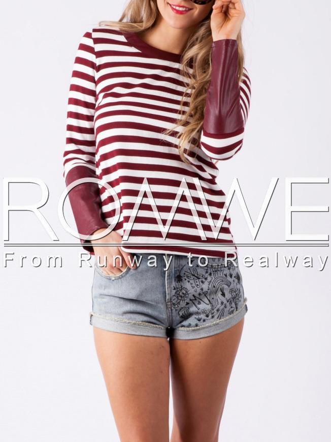Romwe Burgundy Striped Pu Leather Cuff T-shirt