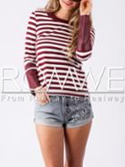 Romwe Burgundy Striped Pu Leather Cuff T-shirt