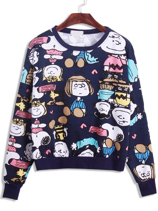 Romwe Royal Blue Cartoon Print Sweatshirt