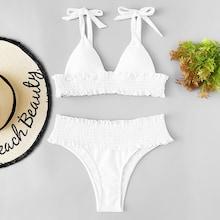 Romwe Frill Trim Shirred Bikini Set