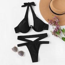 Romwe Underwire Plunge Halter Top With Cut-out Bikini Set