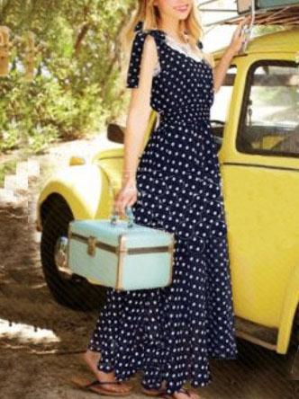 Romwe Bow Strap Polka Dot Print Chiffon Dress
