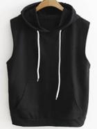 Romwe Black Drawstring Hooded Vest With Pocket