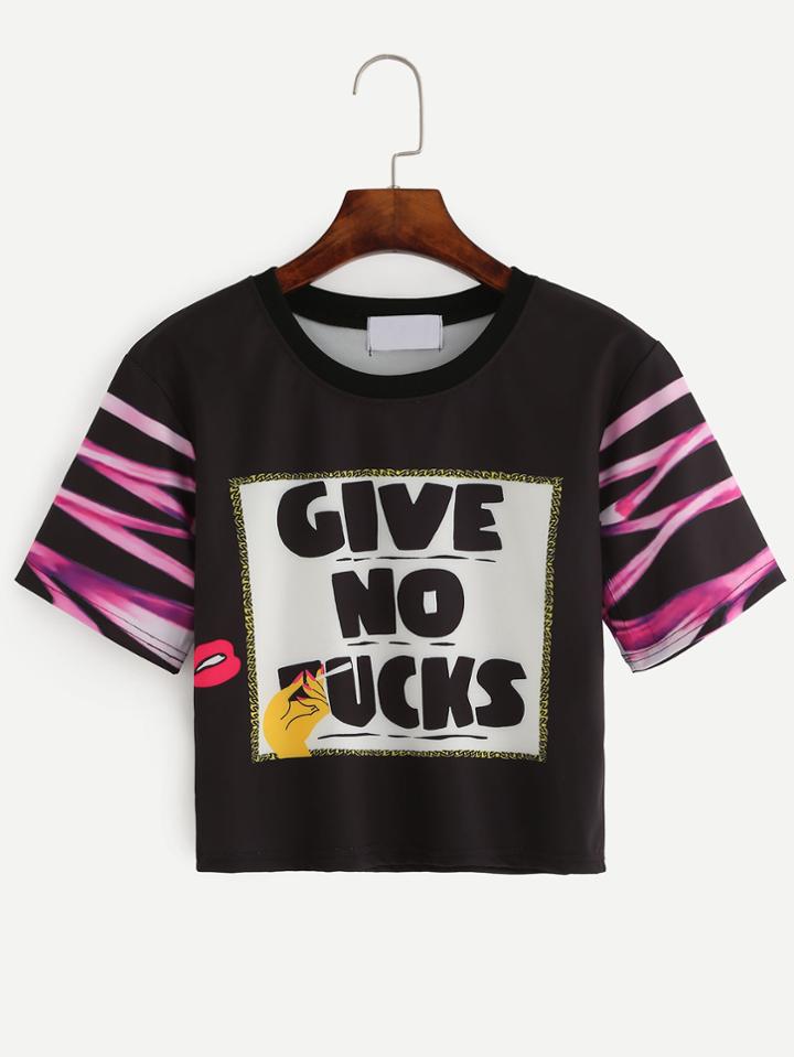 Romwe Black Graffiti Slogan Print T-shirt
