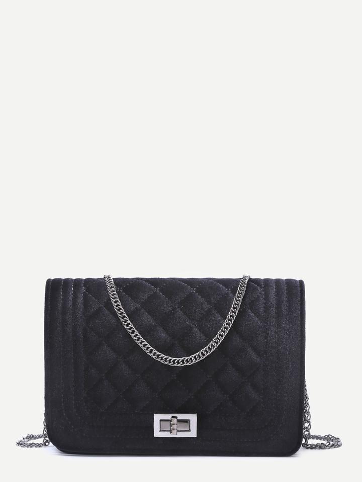 Romwe Black Velvet Quilted Mini Flap Chain Bag