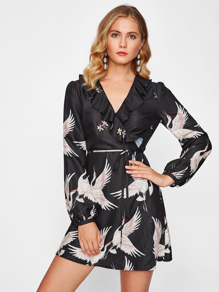 Romwe Frill Trim Surplice Wrap Dress