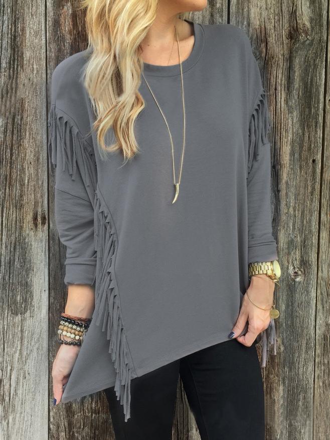 Romwe Long Sleeve Fringe Loose Black T-shirt