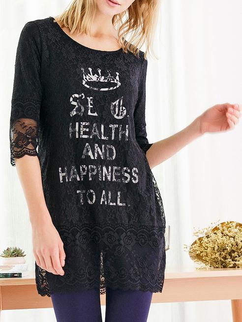 Romwe Letters Print Lace Shirt