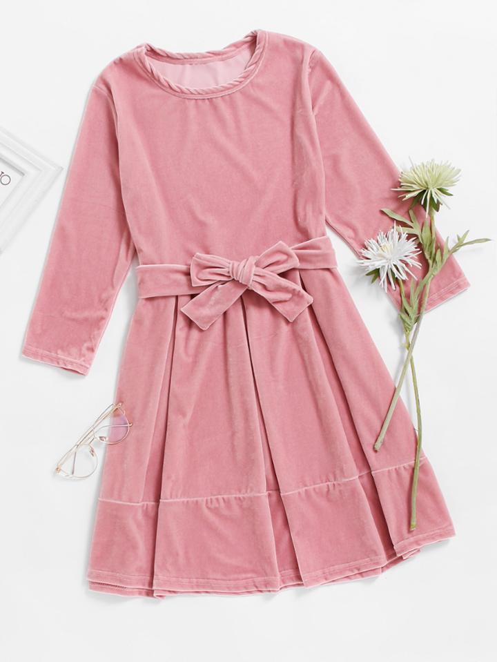 Romwe Bow Tie Waist Pleated Velvet Dress
