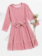 Romwe Bow Tie Waist Pleated Velvet Dress