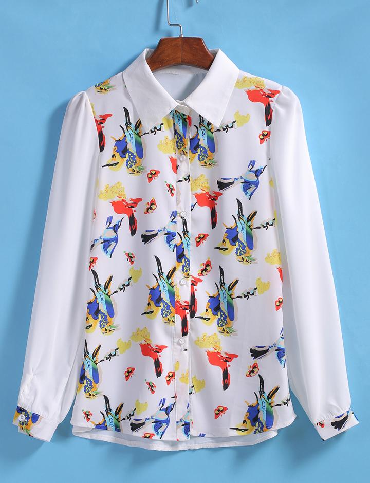 Romwe Floral Birds Print Chiffon Blouse