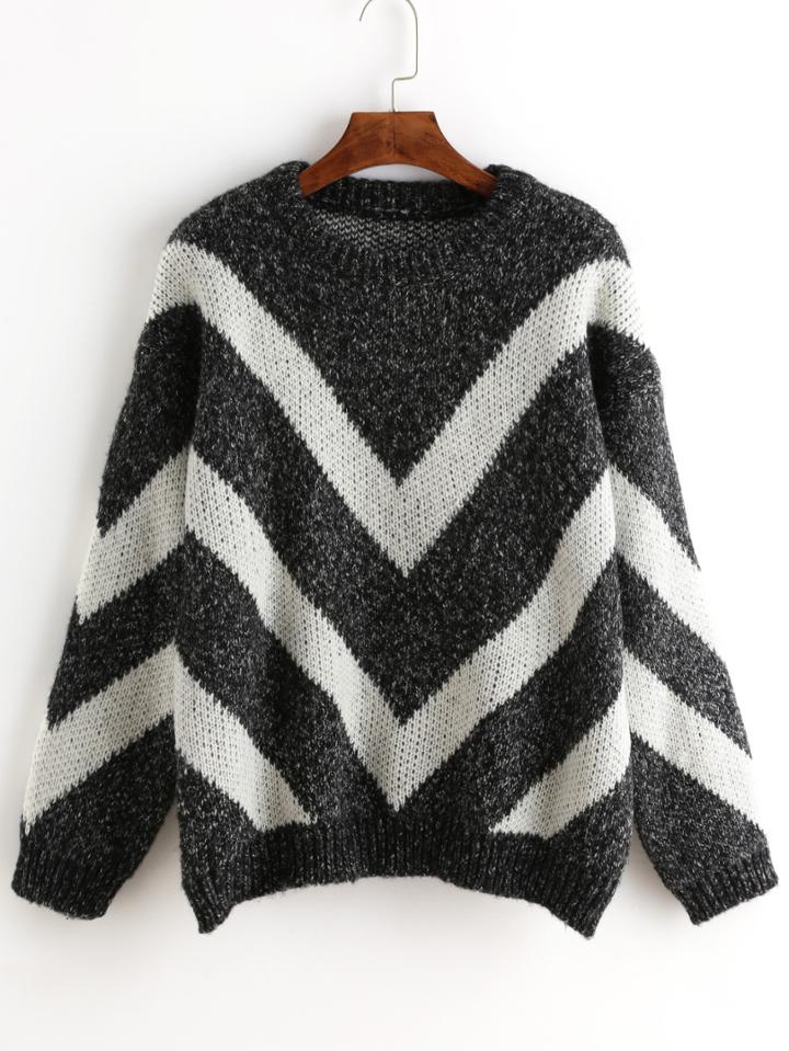 Romwe Women Chevron Print Black Sweater