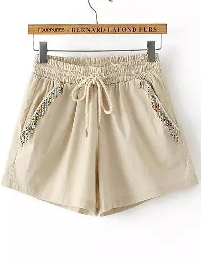 Romwe Khaki Elastic Waist Drawstring Bead Shorts