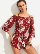 Romwe Burgundy Flower Print Off The Shoulder Romper