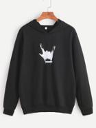 Romwe Black Hooded Gesture Print Sweatshirt