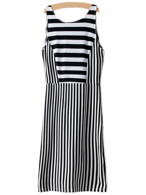 Romwe Black White Stripe Sleeveless Backless Dress