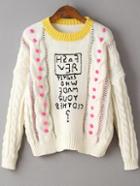 Romwe Beige Contrast Neck Cable Knit Pom Pom Sweater