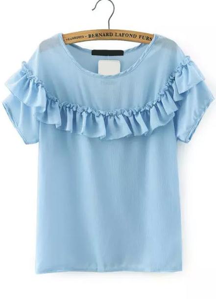 Romwe Short Sleeve Ruffle Chiffon Blue Top