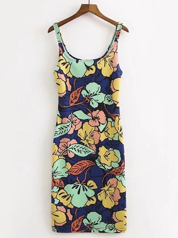 Romwe Scoop Neck Flower Print Tank Dress