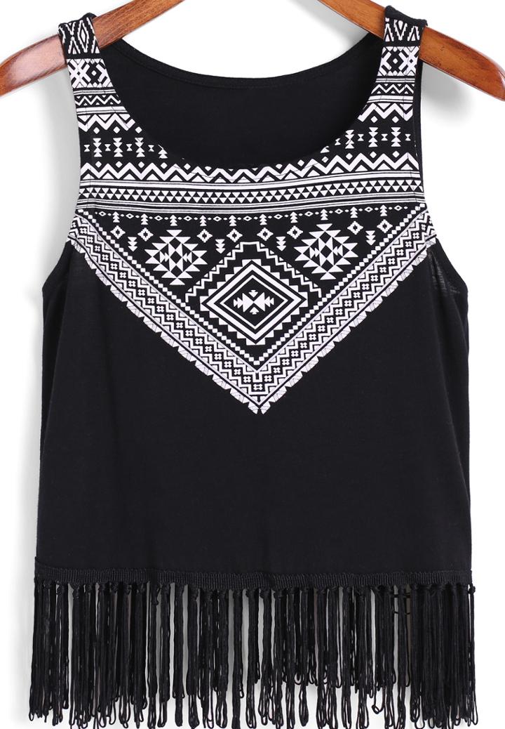 Romwe With Tassel Geometric Print Tank Top