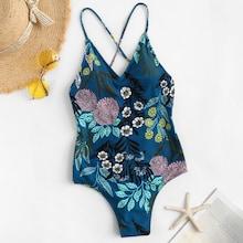 Romwe Random Tropical Criss Cross Backless One Piece Swimsuit