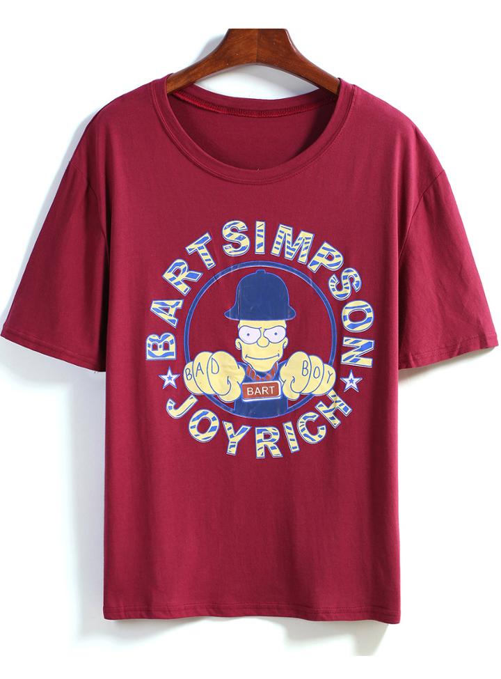 Romwe Cartoon Letters Print Round Neck Wine Red T-shirt