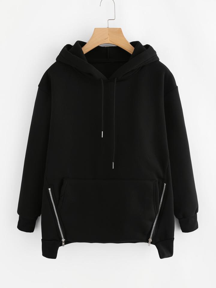 Romwe Zipper Detail Side Drawstring Hoodie