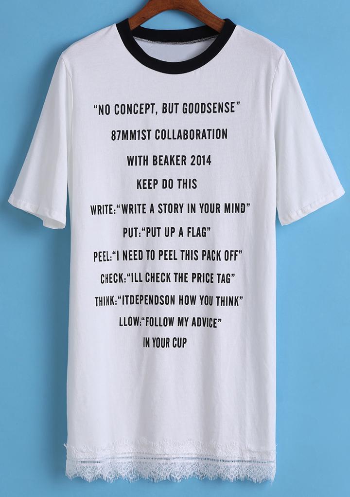 Romwe Letter Print Lace Hem White T-shirt