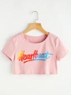 Romwe Pink Letter Print Crop T-shirt