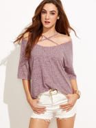 Romwe Burgundy Marled Crisscross Cold Shoulder T-shirt