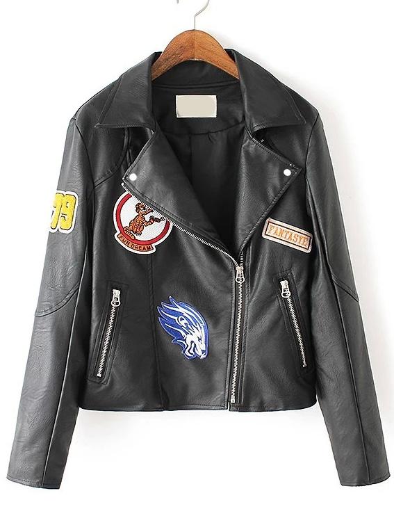 Romwe Patch Zipper Pu Black Jacket