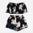 Romwe Plus Off Shoulder Floral Print Crop Top With Shorts