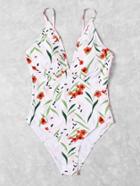 Romwe Flower Print V Plunge Swimsuit