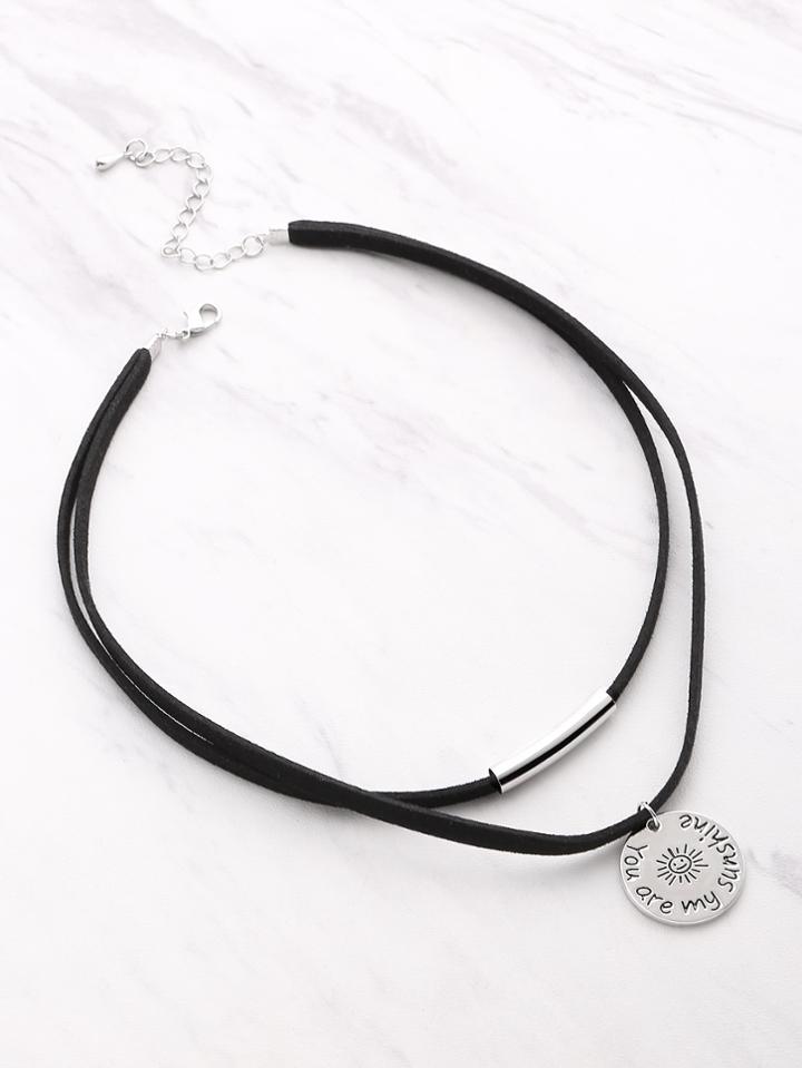 Romwe Geometric Metal Pendant Double Layer Velvet Necklace