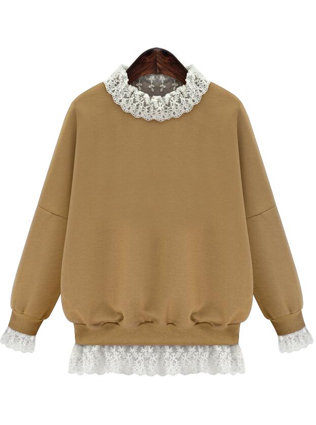 Romwe Lace Embellished Loose Khaki Sweatshirt