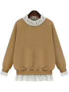 Romwe Lace Embellished Loose Khaki Sweatshirt