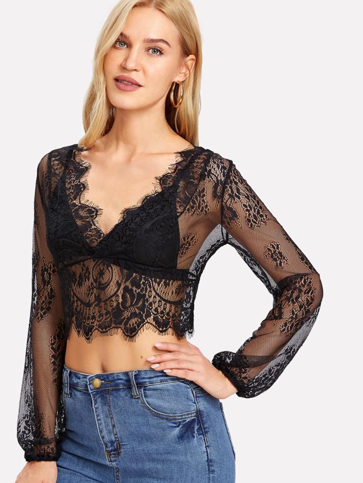 Romwe V Neckline Sheer Lace Top